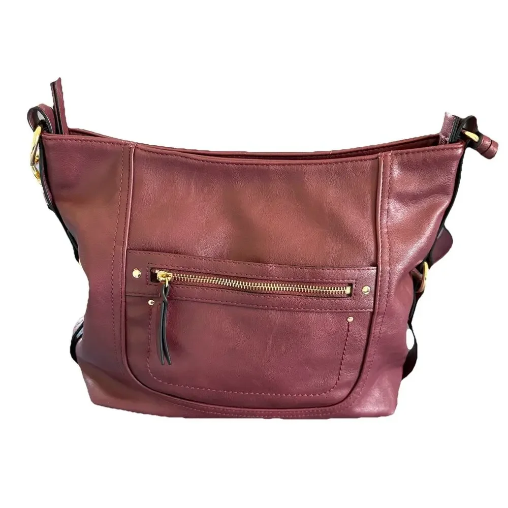 INC International Concepts Burgundy Top Zip Closure Hobo Bag Inside Pockets